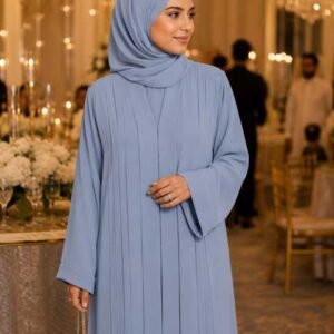 Dusty Blue Pleated-Sleeve Abaya