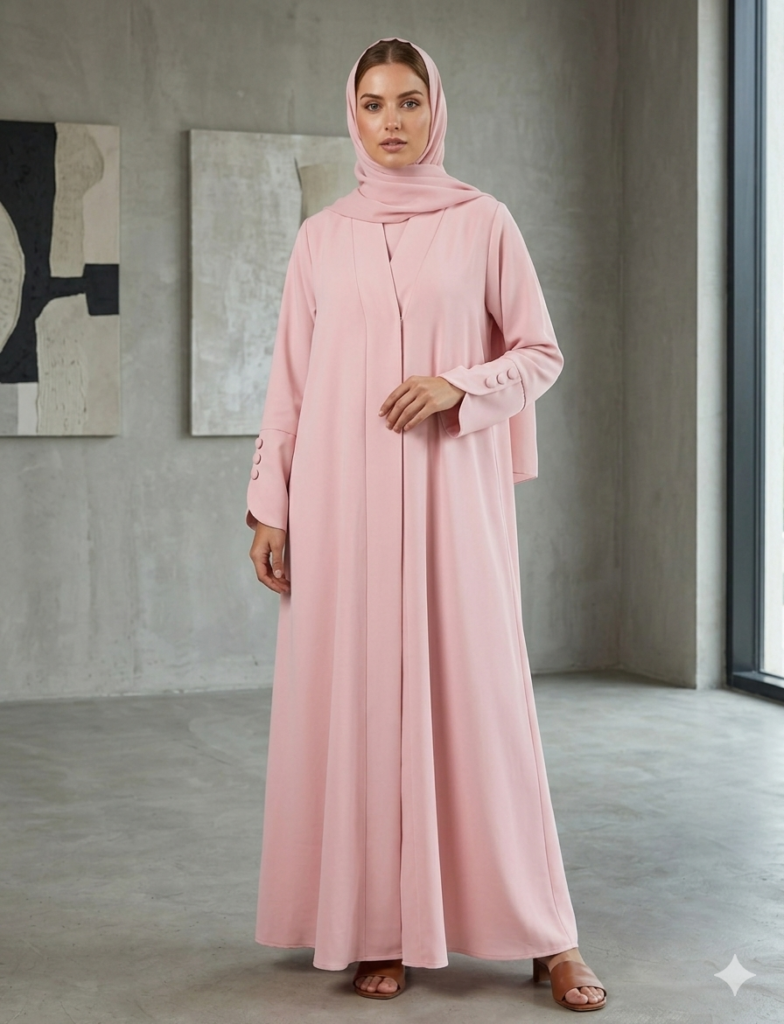 Graceful Blush Pink Abaya – Button-Cuff Design | 050 Abaya