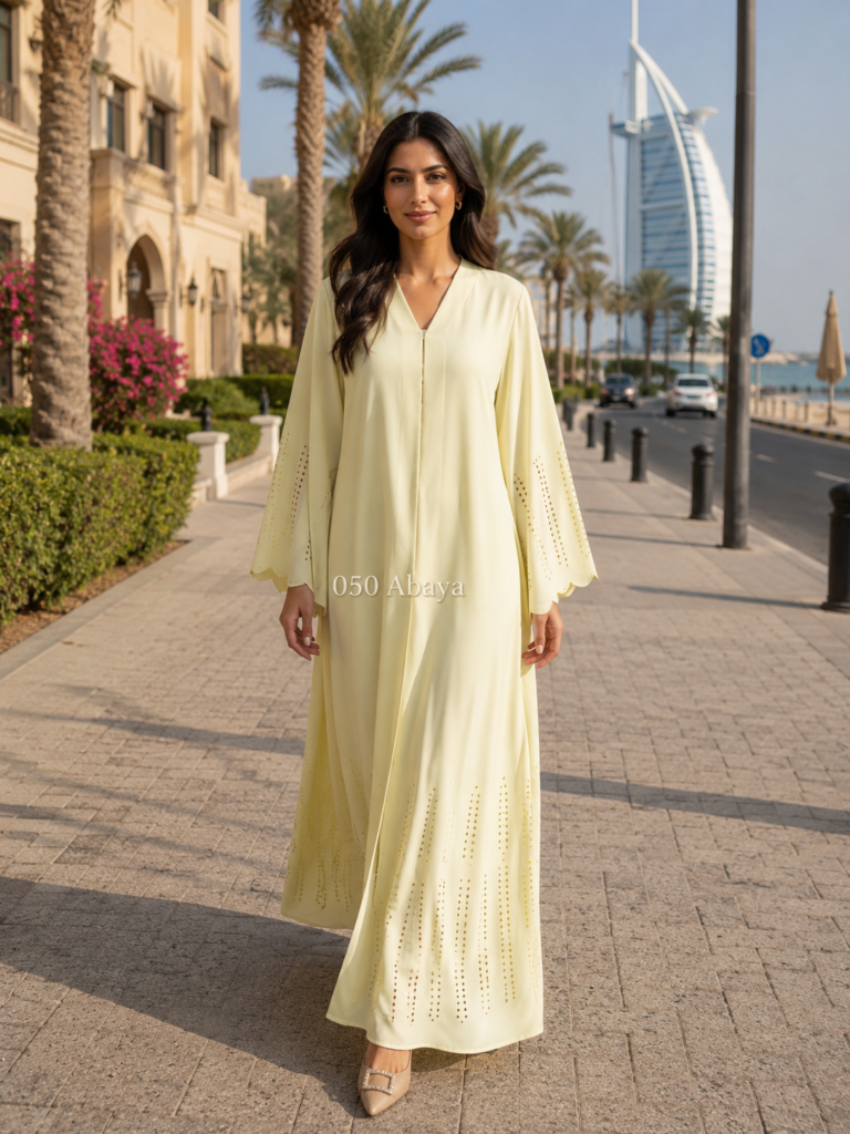 Radiant Lemon Yellow Abaya — Laser-Cut Elegance
