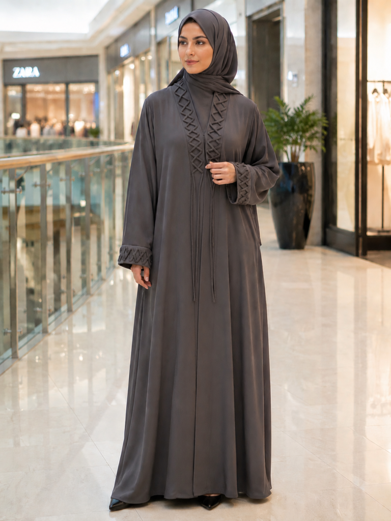 Stunning Grey Lattice-Trim Open Elegant | 050 Abaya