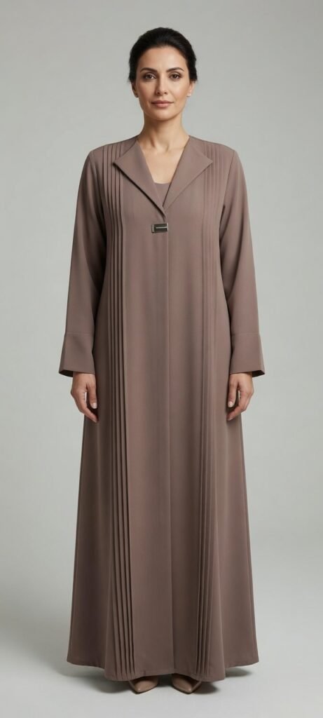 Tailored Taupe Abaya – Pleated Collar & Brooch