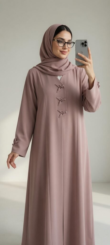 Elegant Mauve Abaya – Button-Wrap Design