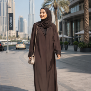 Rich Brown Abaya – Notched Lace Collar Design