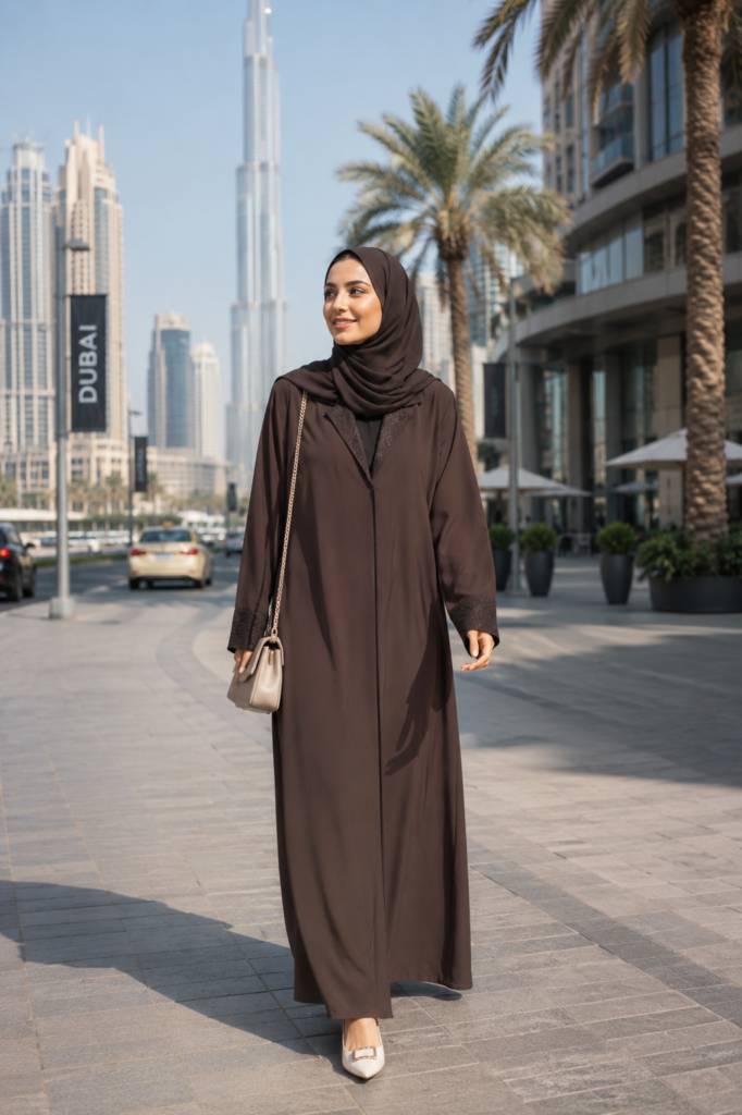 Rich Brown Abaya – Notched Lace Collar Design