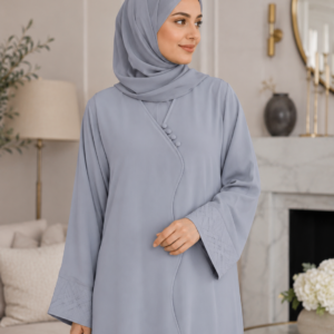 Modern Steel Blue Abaya – Scalloped Trim Design