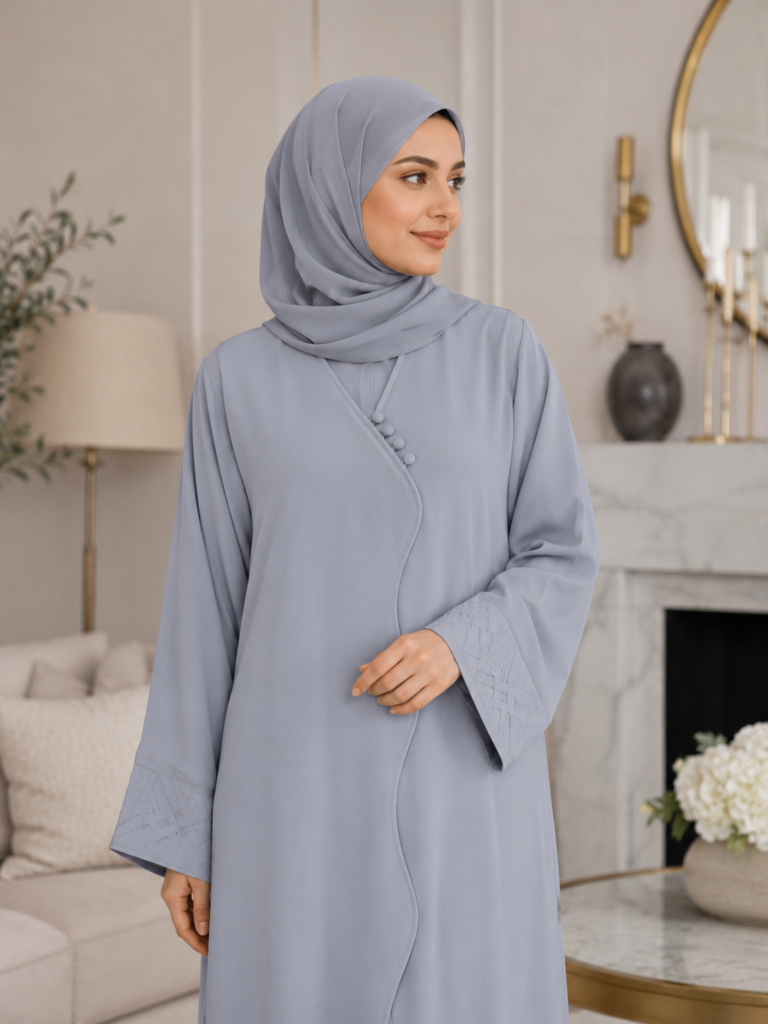 Modern Steel Blue Abaya – Scalloped Trim Design