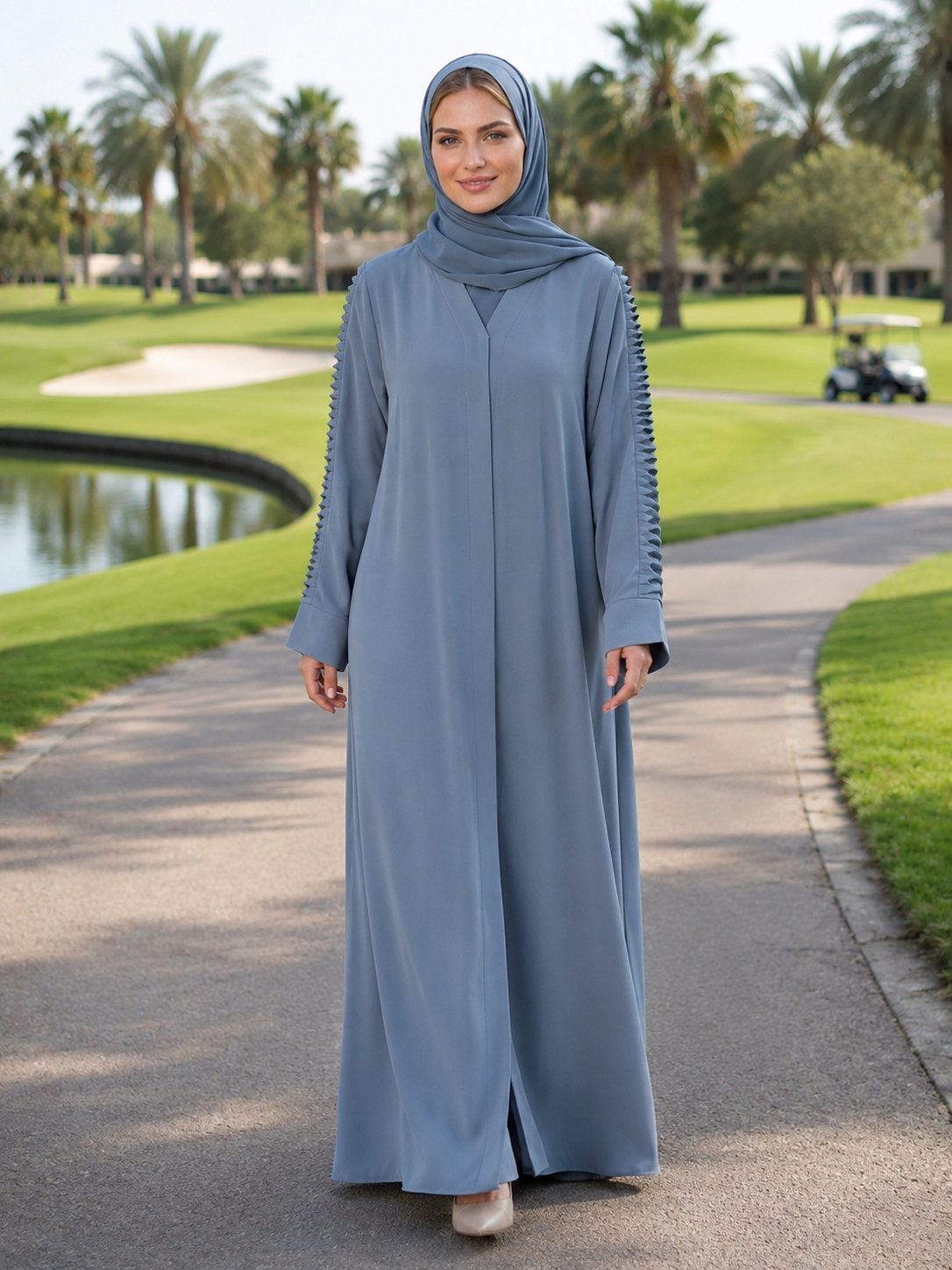 Elegant Pleated Blue Abaya – Fully Pintucked Design
