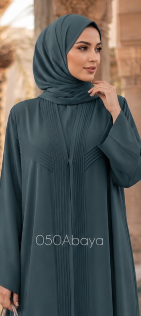 Structured Teal Abaya – Chevron Pleat Yoke Design