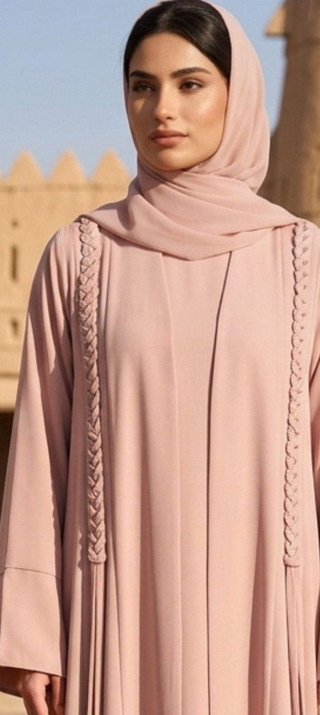 Delicate Pink Abaya – Braided Trim & Tassels