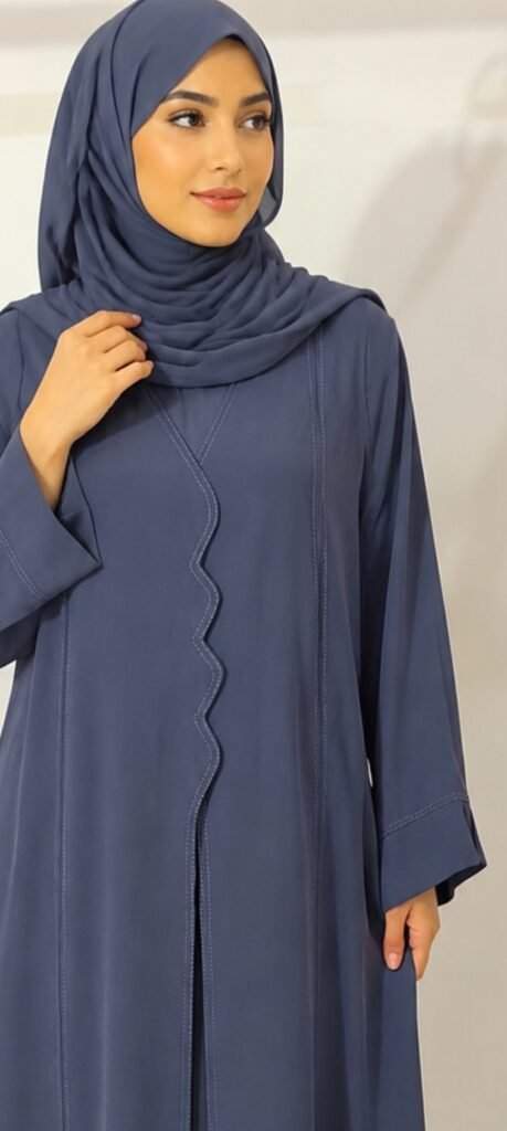Modern Slate Blue Abaya – Wave-Trim Wrap Design