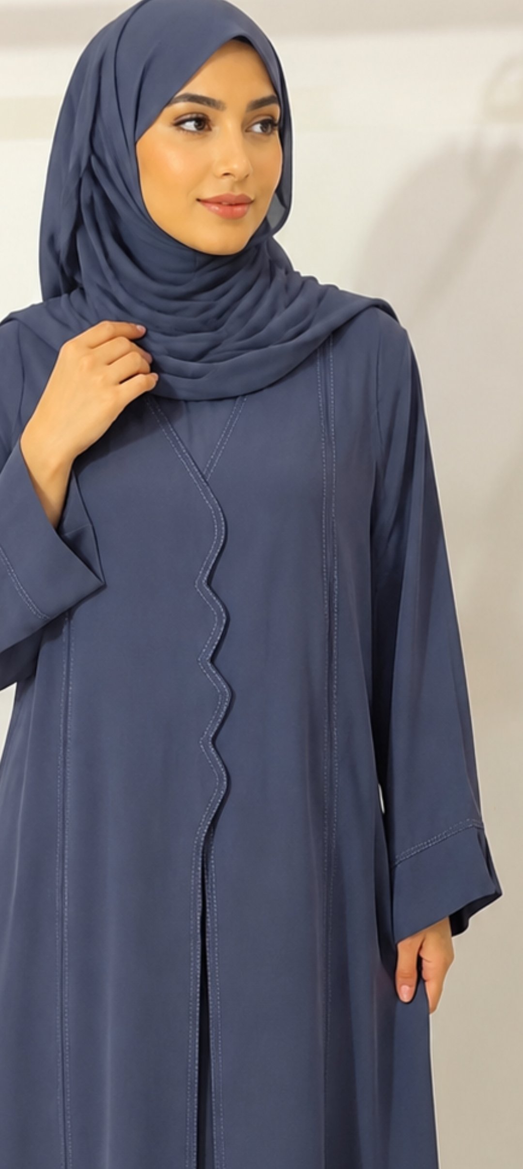 Modern Slate Blue Abaya – Wave-Trim Wrap Design