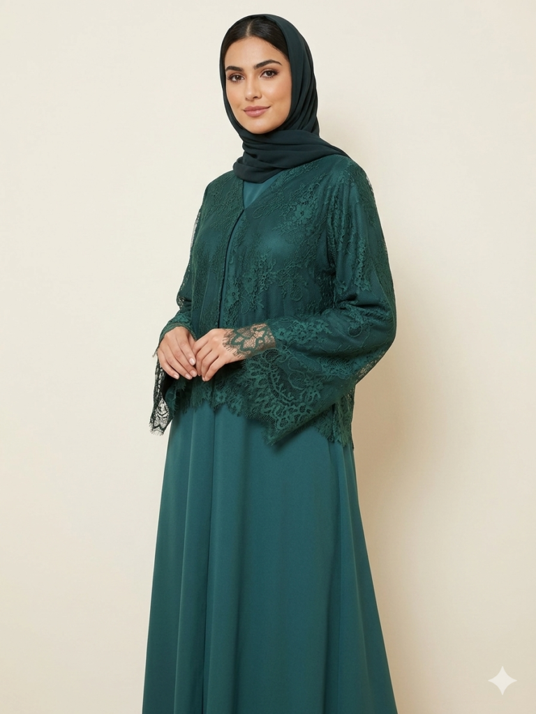 Sophisticated Teal Abaya – Chevron Pleat Design