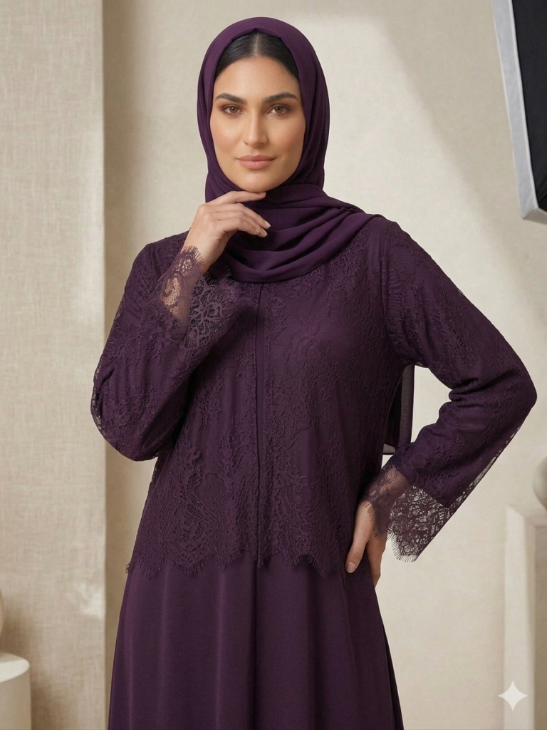 Luxurious Purple Lace Abaya — Aubergine Elegance | 050 Abaya
