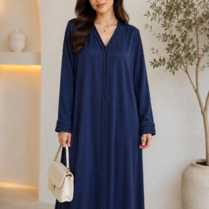 Classic Navy Abaya – V-Neck Braided Trim