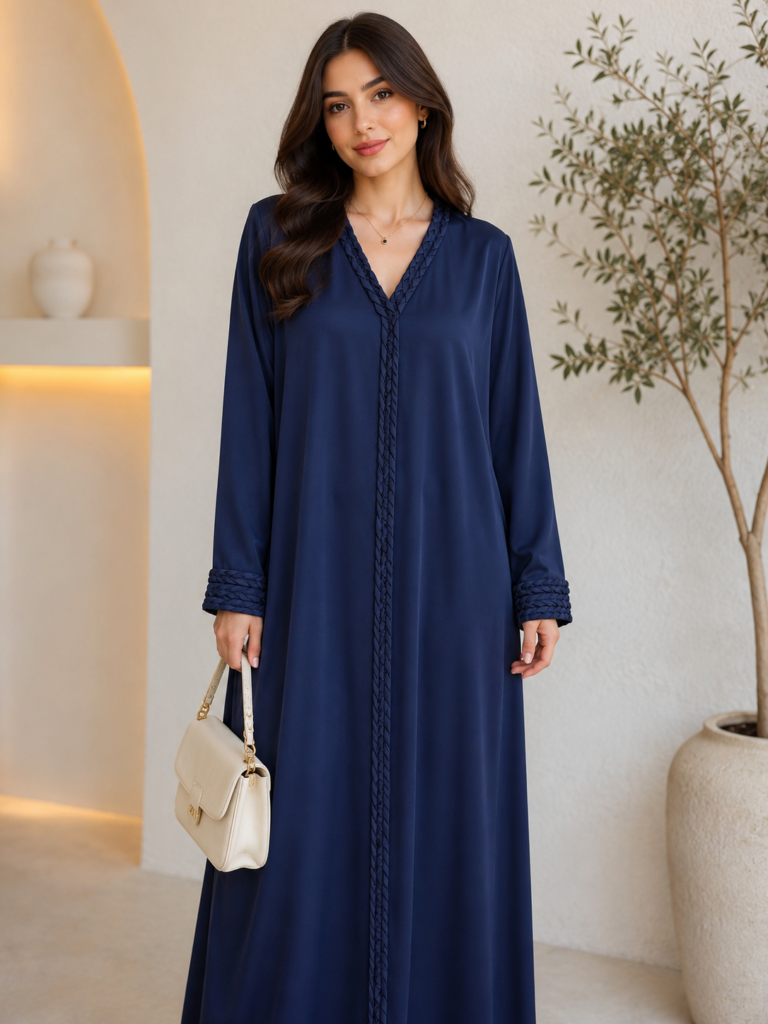 Classic Navy Abaya – V-Neck Braided Trim