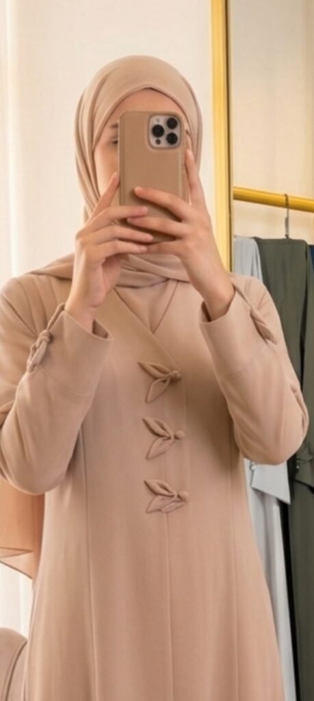 Soft Beige Abaya — Bow-Button Design