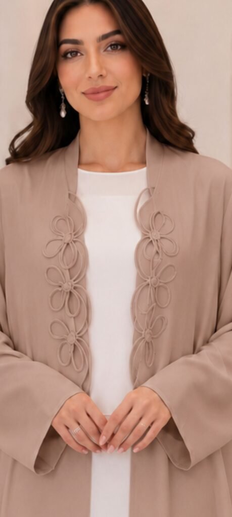 Soft Beige Abaya – Bow-Button Design | 050 Abaya