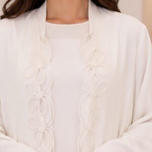 Elegant White Abaya – Floral Cord Embroidery
