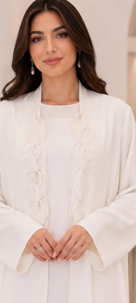 Elegant White Abaya – Floral Cord Embroidery