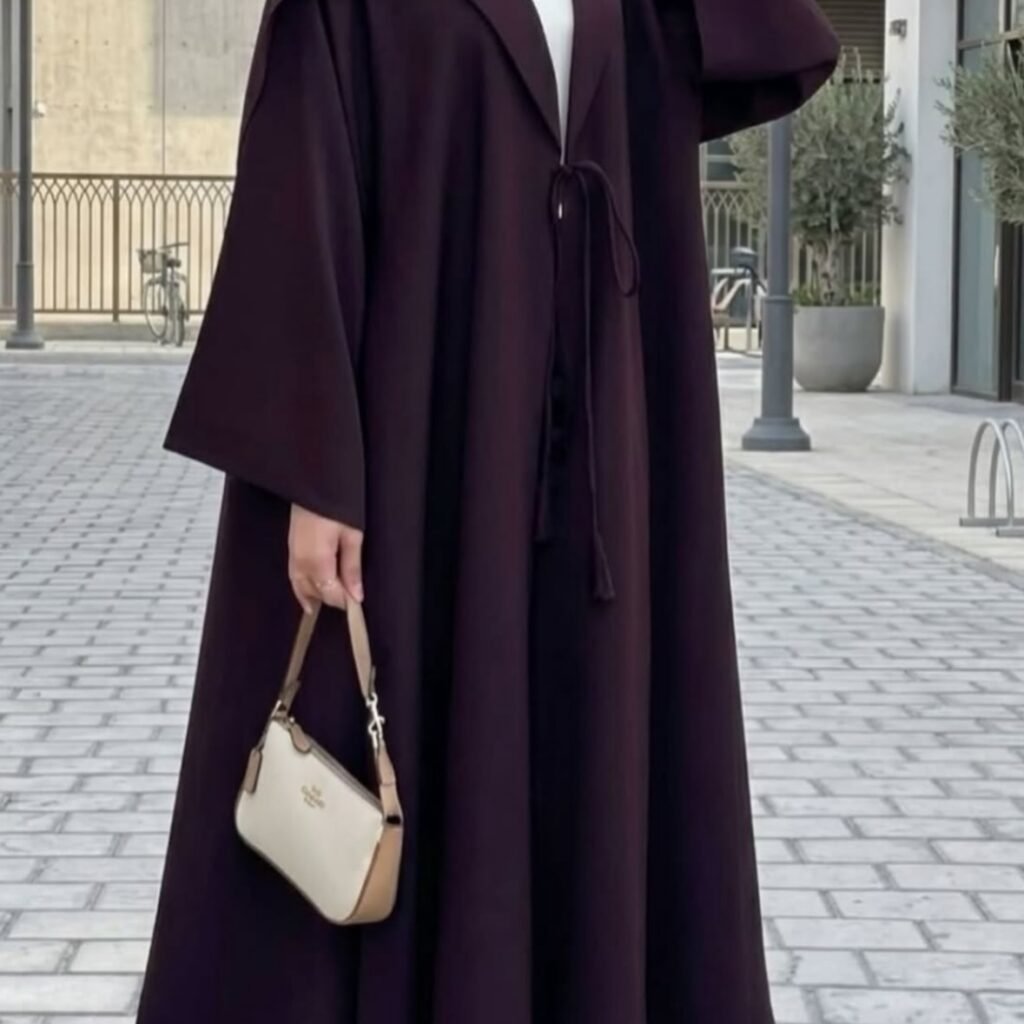Rich Plum Abaya – Notched Collar & Tassel Tie