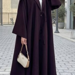Rich Plum Abaya – Notched Collar & Tassel Tie