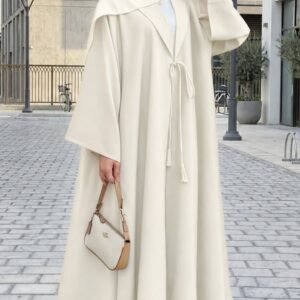 Elegant Ivory Abaya – Notched Collar & Tassel Tie