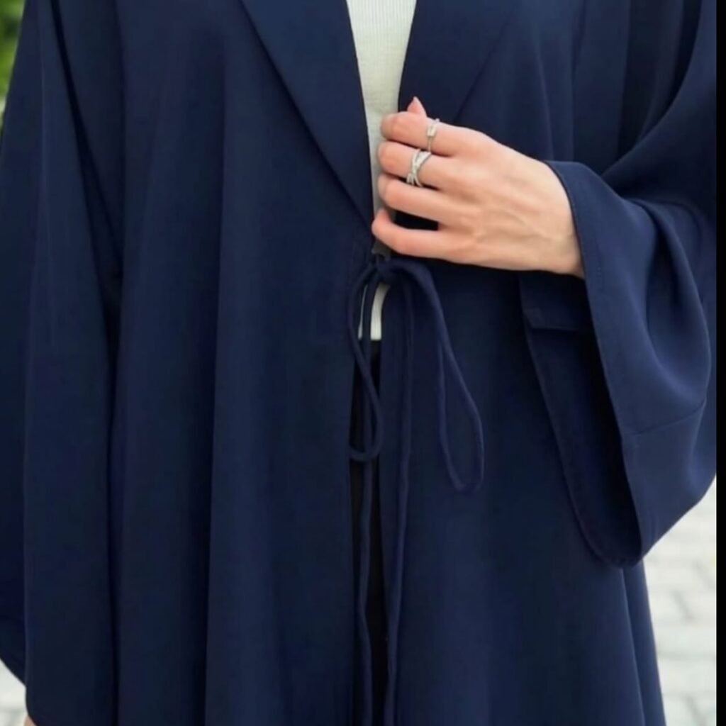 Classic Navy Abaya – Notched Collar & Tassel Tie