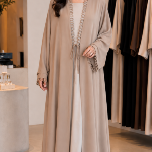 Elegant Taupe Abaya – Loop-Trim Boutique Design