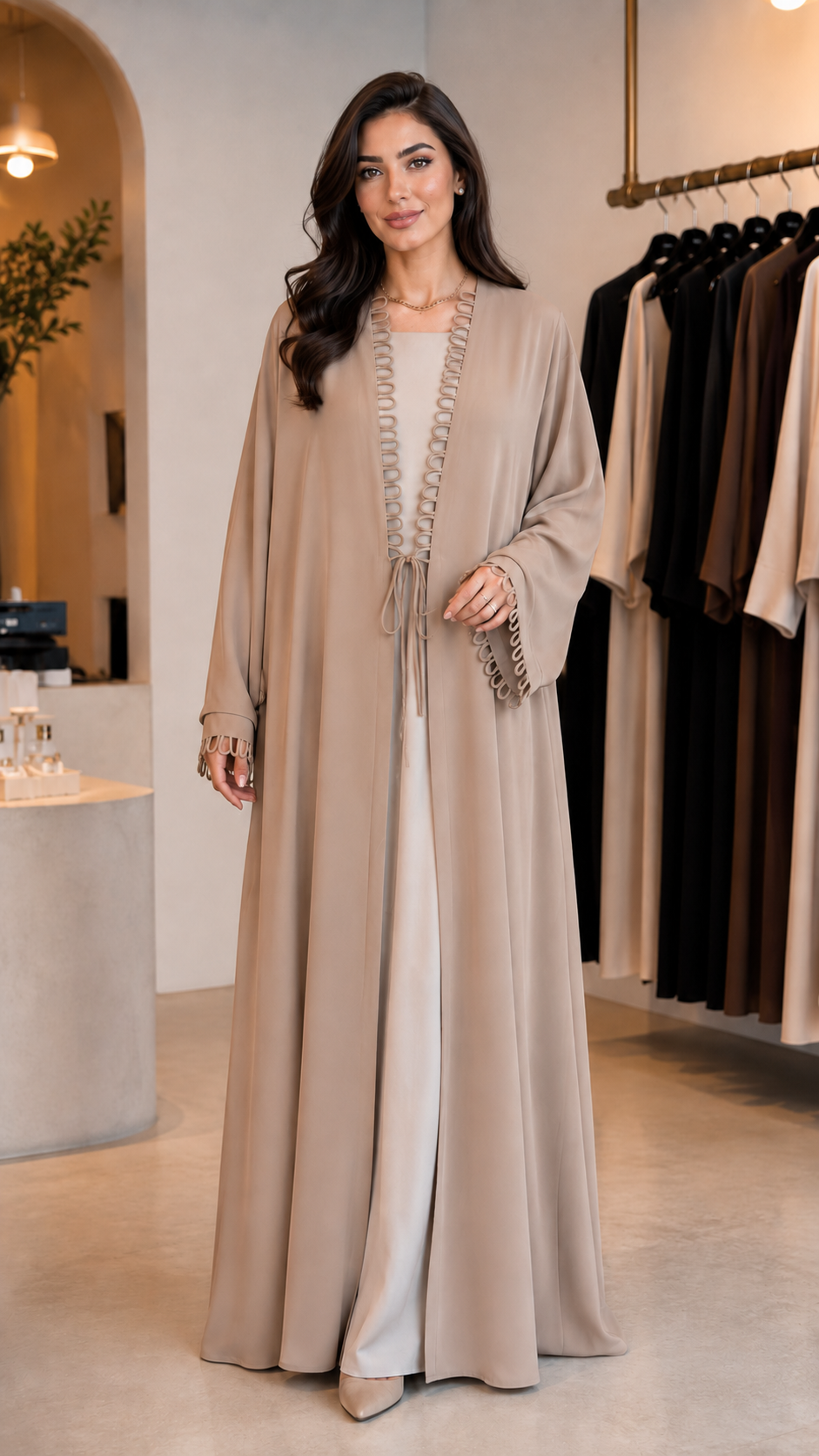 Elegant Taupe Abaya – Loop-Trim Boutique Design
